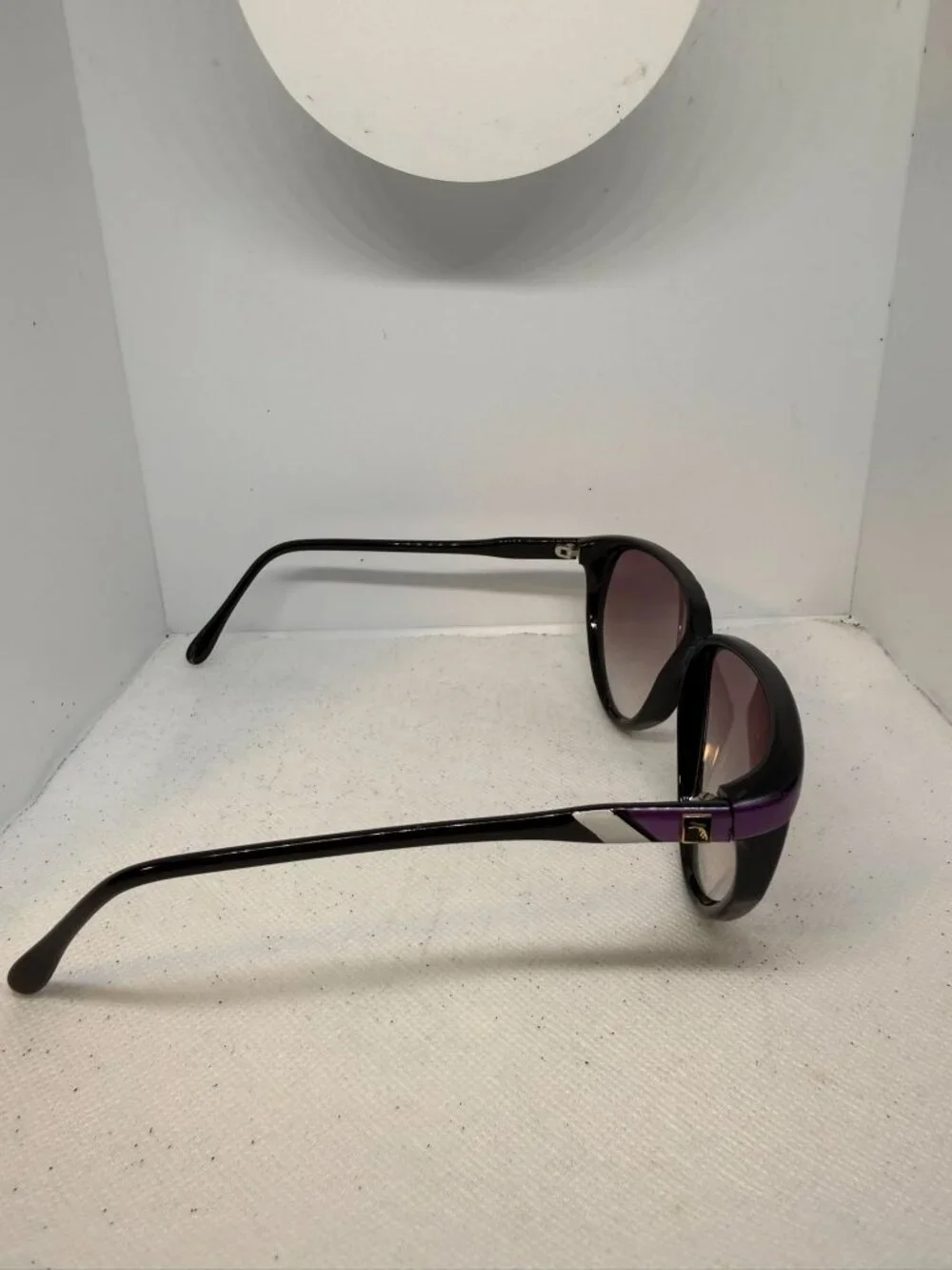Vintage 80s Sover Black Purple Accent Temple Emblem Sunglasses Made in Italy